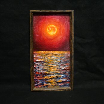 油絵  長方形ミニ絵画【オレンジ色の満月】