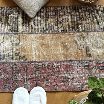 55×93パッチワークラグ　ボタニカル　ピンクやブラウン　トルコヴィンテージラグ