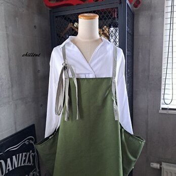 【背中がかわいい】エプロンドレス：オリーブ×ライムグレー【0894】