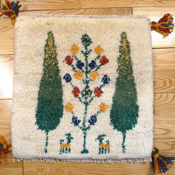 ペルシャ　ギャッベ ミニマット　ラグ　40x39.5㎝　糸杉　アイボリー　緑色　Z1352