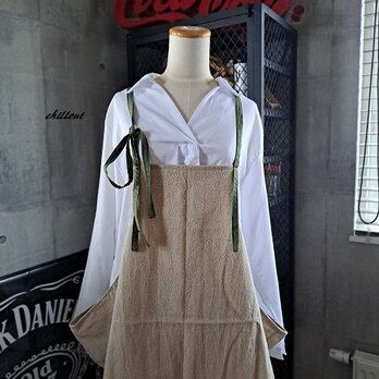 【背中がかわいい】エプロンドレス：リネン×オリーブ【0893】