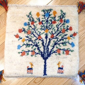 ペルシャ　ギャッベ ミニマット　ラグ　40x37.5㎝　ザクロの木　ヤギ　アイボリー　Z1486