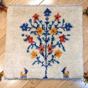 ペルシャ　ギャッベ ミニマット　ラグ　37.5x39㎝　生命の木　花　ヤギ　アイボリー　Z1345