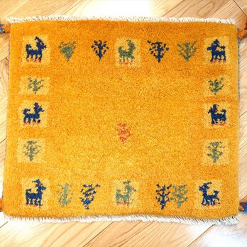 ペルシャ　ギャッベ　ミニマット　横45x39㎝　パネル　生命の木　ヤギ　羊　黄金色　T9747