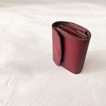 三つ折りコンパクト財布(ワイン×グレー) イタリアンレザー バイカラー クリスマス　手縫い 本革 三つ折り財布