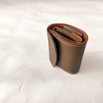 三つ折りコンパクト財布(オリーブ×キャメル) イタリアンレザー バイカラー クリスマス　手縫い 本革 三つ折り財布