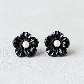 ラス1 20mm 南風のしるし オニキス/黒瑪瑙 パール/本真珠 K18 天然石ピアス - Hibis