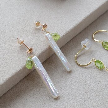 K10 ペリドットとスティック真珠の上品なピアス｜ハンドメイドジュエリー｜ギフト対応可
