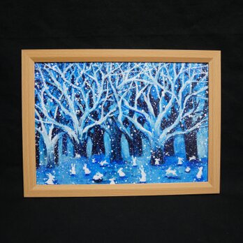 油絵【冬の林と兎たち】