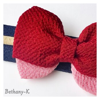 ◆6cm×8cmのベビーからずっと使える和風リボンの髪飾り◆えんじ×ローズピンク色のちりめんリボン