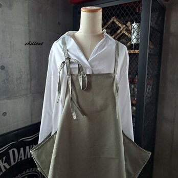 【背中がかわいい】エプロンドレス：コットン：ピスタチオ【0887】