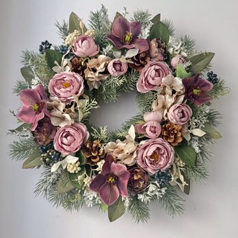 クリスマスローズとバラの冬リース