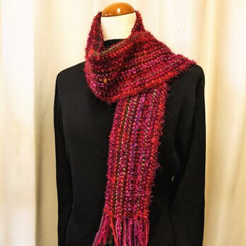 手織りウールマフラー(マゼンタ色、リング糸)