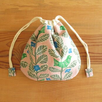 ほんのりまるいきんちゃく　鳥と青い花