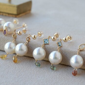 K10 アコヤ真珠とカラーストーンのスタッドピアス