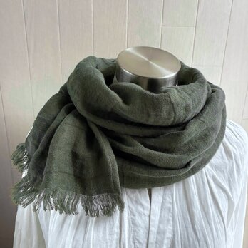 ＜受注制作＞秋冬 ふっくらリネンのストール　ダークオリーブグリーン　ダブルガーゼ