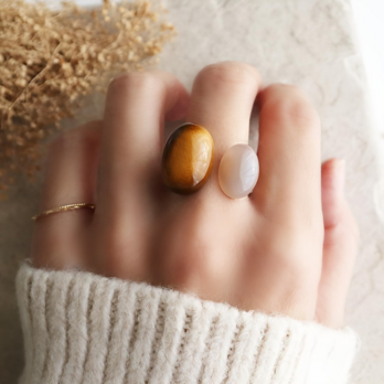 シックカラー！天然石イエロータイガーアイとグレーオニキスのフォークリング　金アレ対応