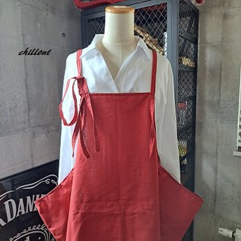 【背中がかわいい】エプロンドレス：ボルドー：コットン【0898】