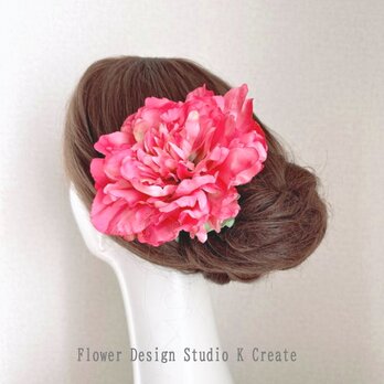 ローズピンクのピオニーの髪飾り（シングルワイヤー仕上げ）　ピンク　ピオニー　芍薬　ダンス　髪飾り　フラメンコ　フローレス
