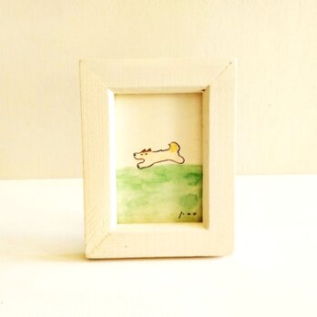 イラスト 原画 「原っぱ」※木製額縁入り　インテリアアート　犬のイラスト