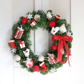 赤と白のあったかリース　― ぬくもりを感じるナチュラルデザイン ―　クリスマスリース　R&yCH157