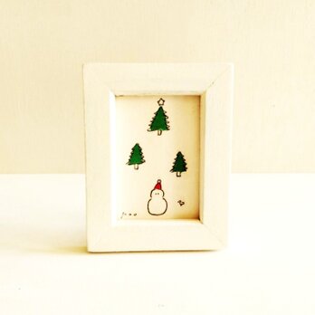 イラスト 原画 「雪だるま」※木製額縁入り　インテリアアート　犬のイラスト