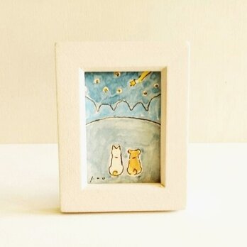 【受注制作】ミニ原画「二匹の犬と流れ星」・イラスト・水彩・犬の絵・送料無料