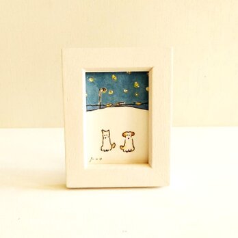 イラスト 原画 「夜空」※木製額縁入り　インテリアアート　犬のイラスト