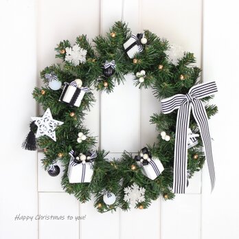 モノトーンクリスマス♪ モノトーンの贈り物 大人シックなクリスマスリース  ゴールドを添えて　R&yCH175