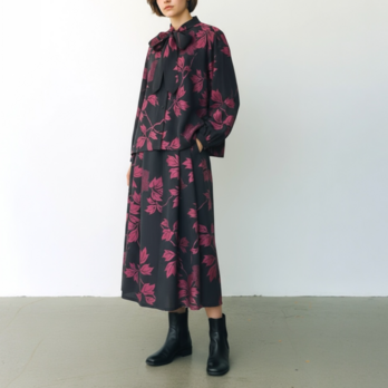 ボウタイブラウス　プリーツスカート　セットアップ【送料込み】着物リメイク　ブラック