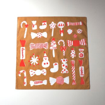 「christmas candy（brown）」大判ハンカチ／バンダナ／ファブリックポスター
