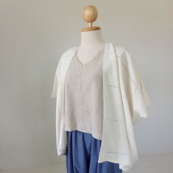 手織りオープンフロントカーディガン / 白 透かし模様 / 草木染めコットン