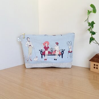 マチ付きポーチ（レトロ柄ブルー）