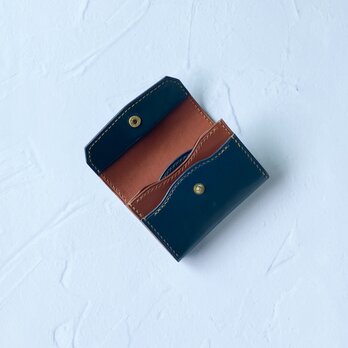 フラップミニウォレット（ブルー×チョコ）　ミニ財布　バイカラー　イタリアンレザー　革　コンパクト財布　小銭入れ