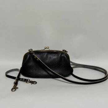 姫路レザー携帯も入る親子がま口◆黒　2wayタイプ　スマホショルダー　ポシェット　送料無料