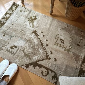 71×124ウール　ベージュ×ブラウン　パッチワーク　トルコヴィンテージラグ