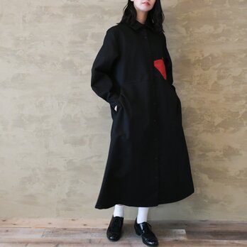 【完全一点物】ウエスト切替タックポケットワンピース（ブラック×レッド）