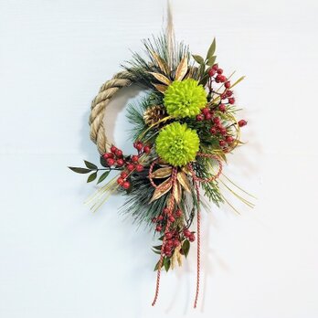 お正月 しめ縄リース（緑)ピンポンマム ns620 アーティフィシャルフラワー