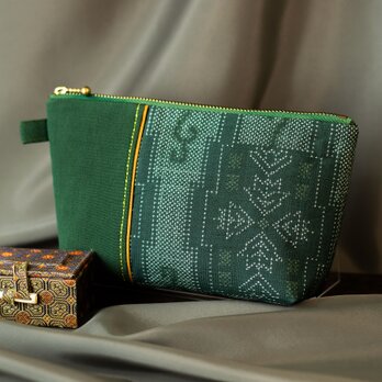 G-401大島紬切り替えポーチ/金茶ライン×緑大島