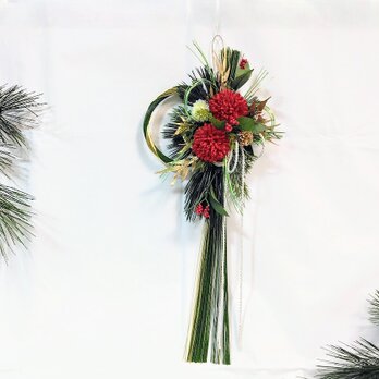 迎春水引飾り（金緑) ピンポンマム(赤) Ｍサイズ ns85 アーティフィシャルフラワー