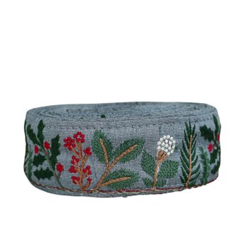 インド刺繍リボン50cm切り売り クリスマス プランツ ブルー 4.5cm幅 もみの木 HC HC R-0804