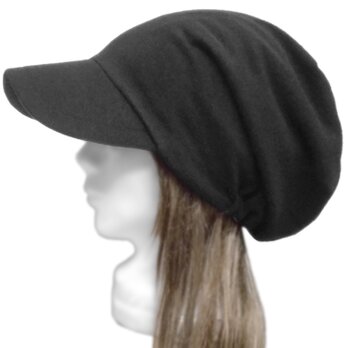 つば広ルーズキャスケット◆ウールフランネルニット／ブラック　◇ゆったりサイズ・紫外線対策・小顔効果・寒い季節におすすめ◇