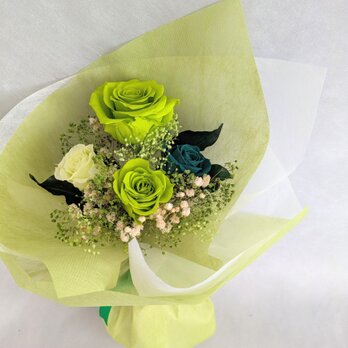 大輪のグリーンローズと3色の薔薇とかすみ草のふんわり花束（プリザーブドフラワー）