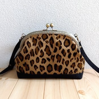 秋冬コーデュロイのがま口ショルダーバッグ　ポシェット　20.5cm口金　レオパード　ヒョウ柄　505