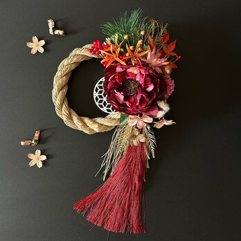 2026年★特大・ピオニーとタッセルのしめ縄飾り（大サイズ）　お正月飾り　モダンしめ縄　しめ縄飾り
