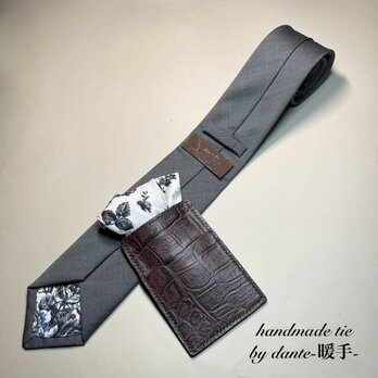 【限定】1点物　グレー　シルバー　無地　チーフ　共布　ネクタイ　プレゼント　ギフト　レザー　牛革　