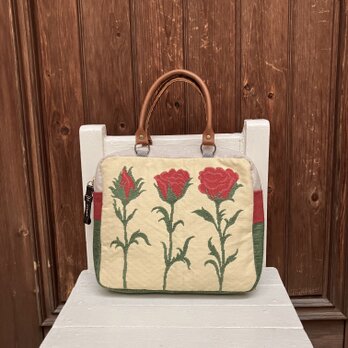 四角いボストンバッグ　ジャカード織のバラ