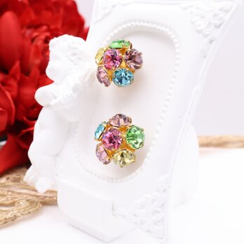 【フランス買付】ヴィンテージ マルチカラーストーン×フラワーモチーフイヤリング＊Retro Jewel1960s-1970s