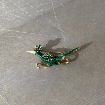 Vintage 70s-80s USA retro green enamel road runner bird brooch