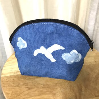 ロウケツ染　藍染めポーチ　カモメ